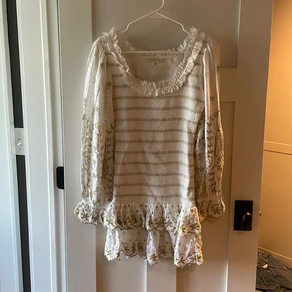 slim fit dress slacks LoveShackFancy Vreya Metallic Crochet Halter Dress